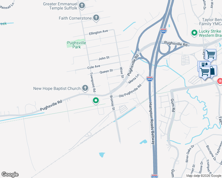 map of restaurants, bars, coffee shops, grocery stores, and more near 5112 York street in Chesapeake
