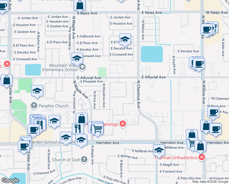 map of restaurants, bars, coffee shops, grocery stores, and more near 2328 East Birch Avenue in Fresno