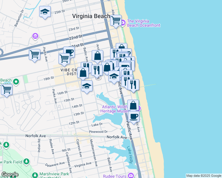 map of restaurants, bars, coffee shops, grocery stores, and more near 317 15th Street in Virginia Beach