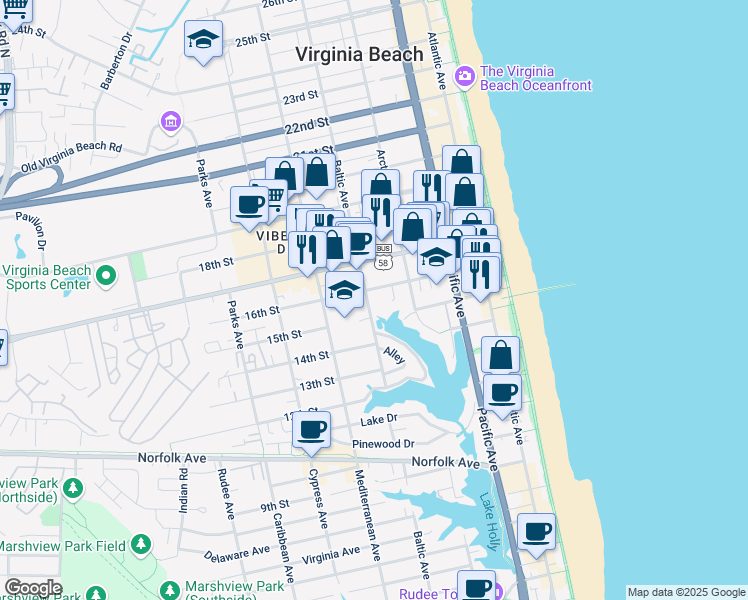 map of restaurants, bars, coffee shops, grocery stores, and more near 411 15th Street in Virginia Beach