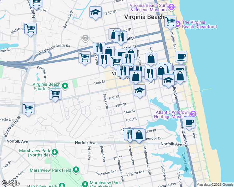 map of restaurants, bars, coffee shops, grocery stores, and more near 636 Forest Lane in Virginia Beach