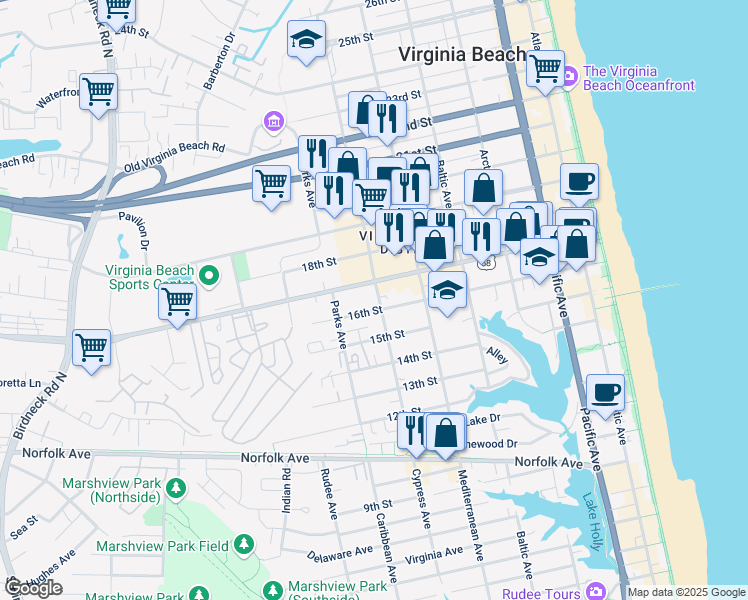 map of restaurants, bars, coffee shops, grocery stores, and more near 636 Forest Lane in Virginia Beach