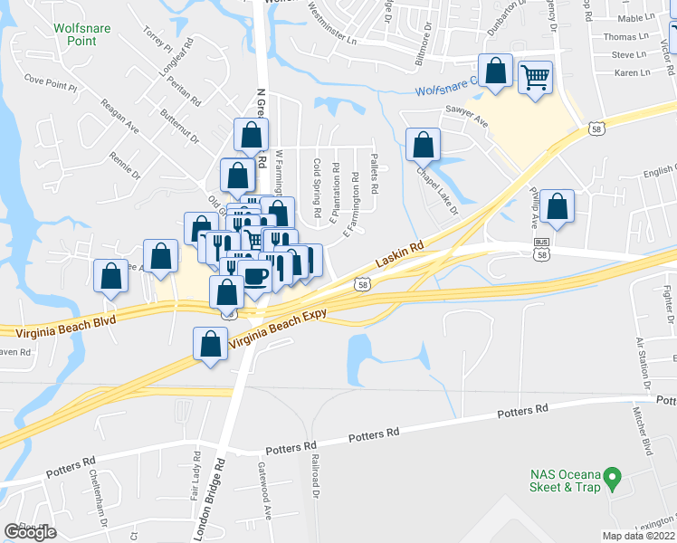map of restaurants, bars, coffee shops, grocery stores, and more near 200 Farmington Road in Virginia Beach