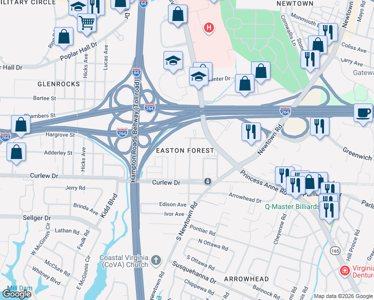 map of restaurants, bars, coffee shops, grocery stores, and more near 208 Amarillo Avenue in Norfolk