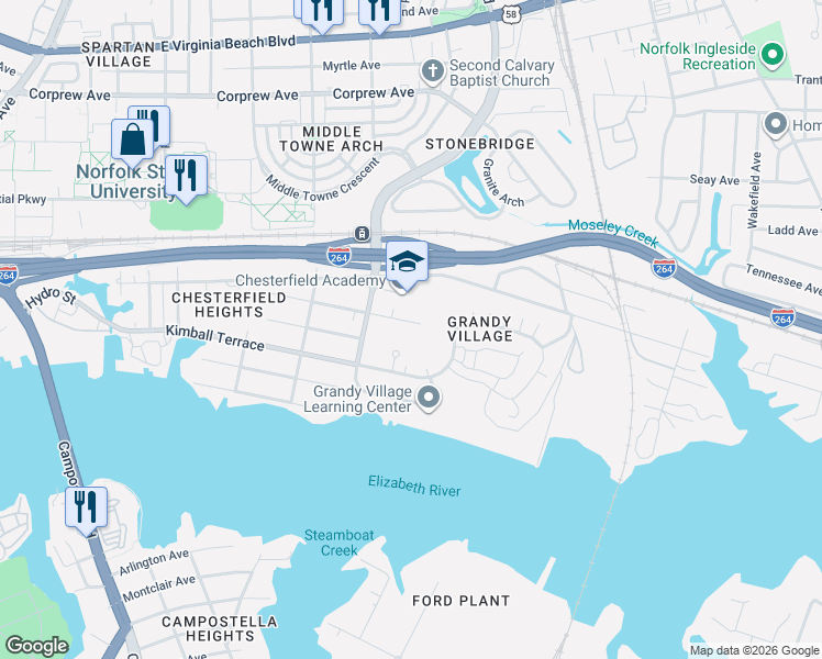 map of restaurants, bars, coffee shops, grocery stores, and more near 2947 Victoria Avenue in Norfolk