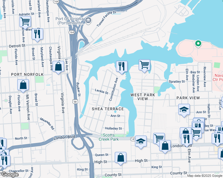 map of restaurants, bars, coffee shops, grocery stores, and more near 135 Idlewood Avenue in Portsmouth