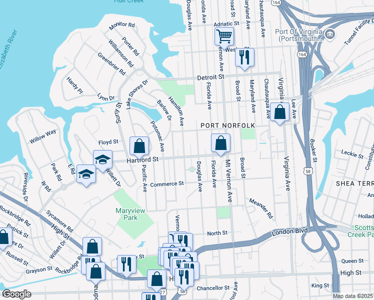 map of restaurants, bars, coffee shops, grocery stores, and more near 643 Hamilton Avenue in Portsmouth