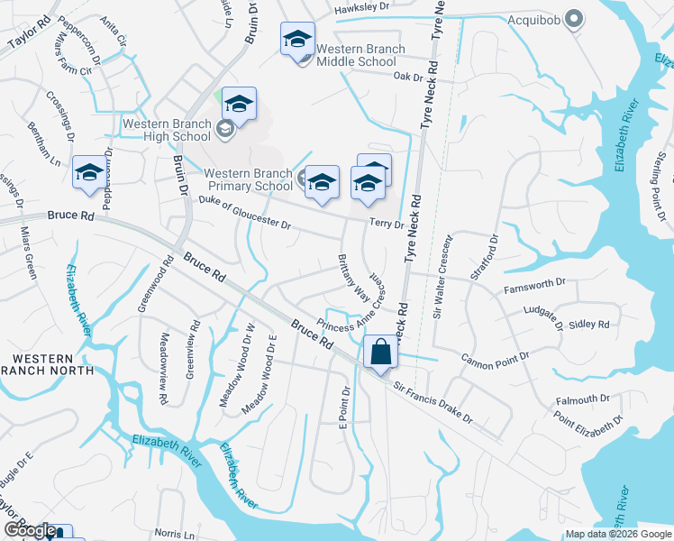 map of restaurants, bars, coffee shops, grocery stores, and more near 2941 Prince of Wales Drive in Chesapeake