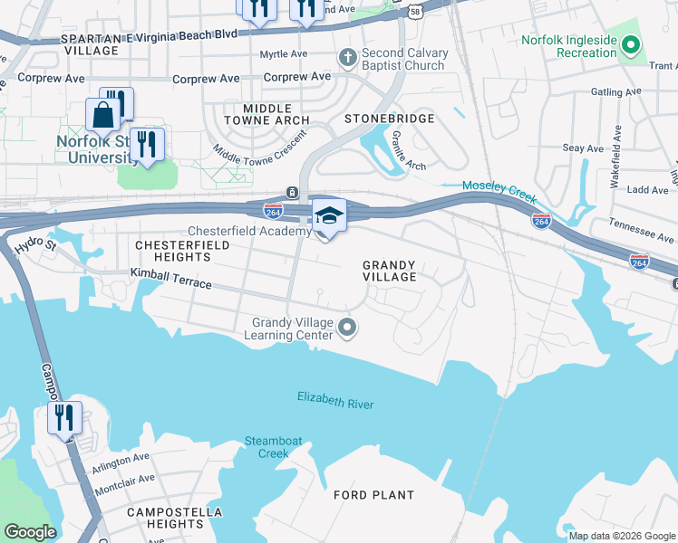 map of restaurants, bars, coffee shops, grocery stores, and more near 2947 Victoria Avenue in Norfolk