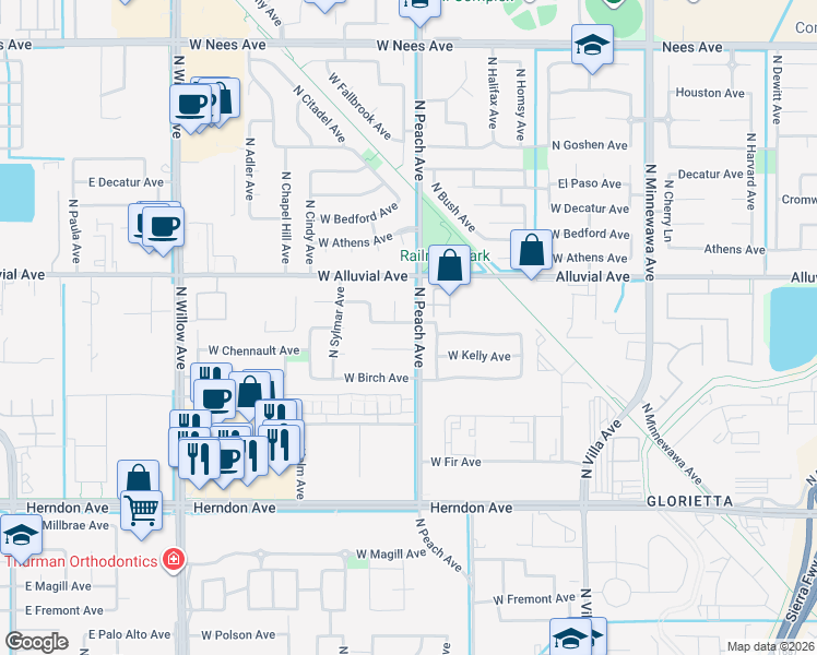 map of restaurants, bars, coffee shops, grocery stores, and more near 402 West Chennault Avenue in Clovis
