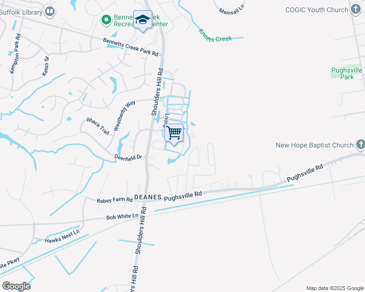 map of restaurants, bars, coffee shops, grocery stores, and more near 1113 Teton Circle in Suffolk