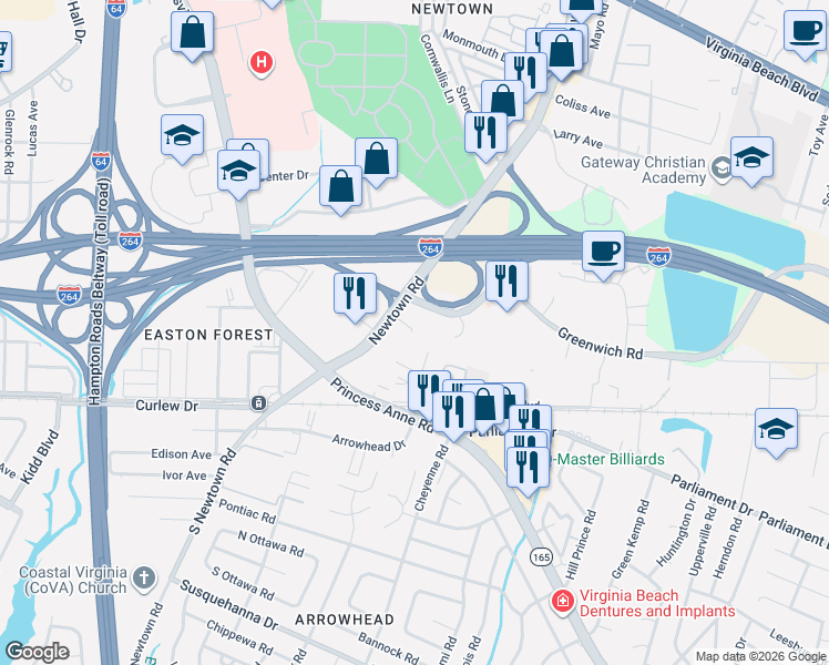 map of restaurants, bars, coffee shops, grocery stores, and more near 192 Newtown Road in Virginia Beach
