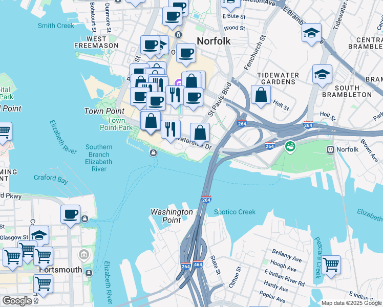 map of restaurants, bars, coffee shops, grocery stores, and more near 801 Waterside Drive in Norfolk