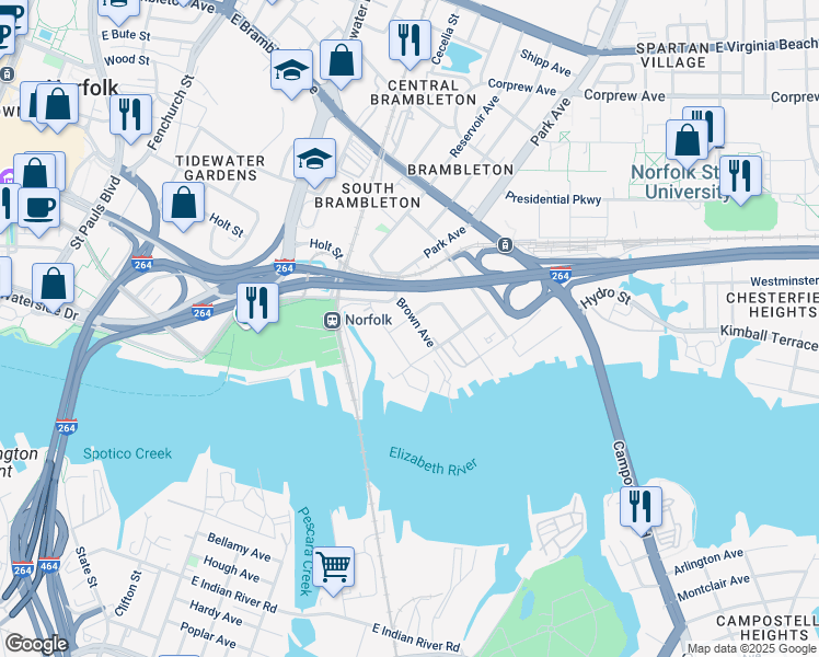 map of restaurants, bars, coffee shops, grocery stores, and more near 1707 Brown Avenue in Norfolk
