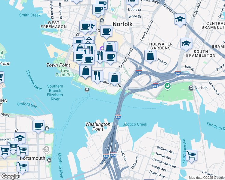 map of restaurants, bars, coffee shops, grocery stores, and more near 801 Waterside Drive in Norfolk