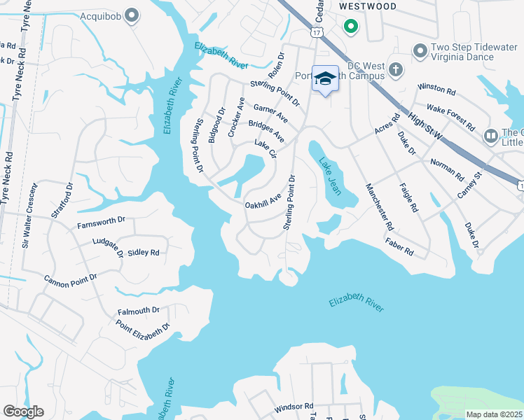 map of restaurants, bars, coffee shops, grocery stores, and more near 5005 Oakhill Avenue in Portsmouth