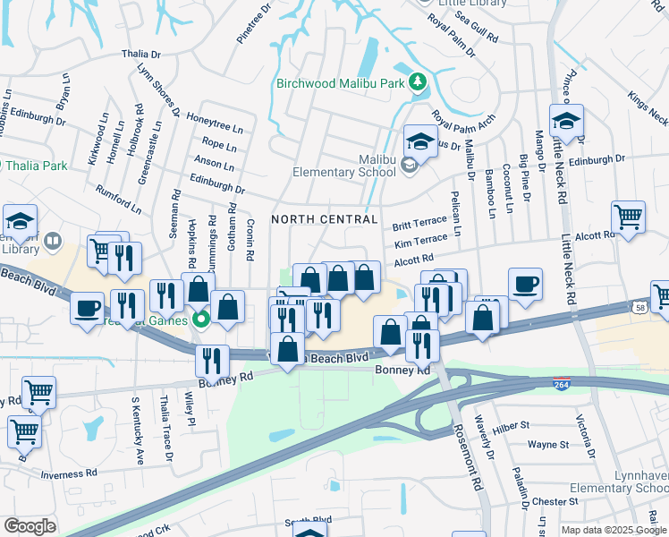map of restaurants, bars, coffee shops, grocery stores, and more near 3701 Broadmoor Court in Virginia Beach