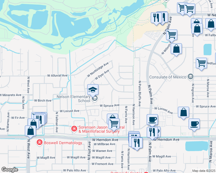 map of restaurants, bars, coffee shops, grocery stores, and more near 1257 West Pinedale Avenue in Fresno