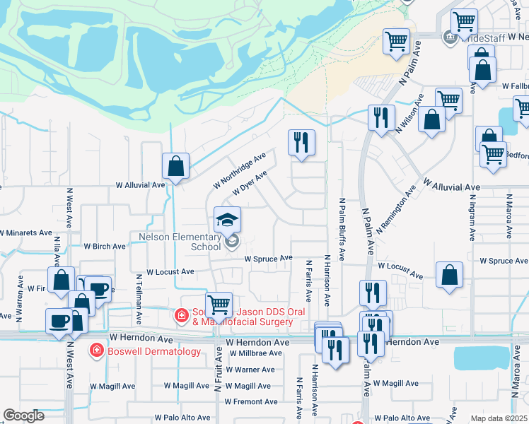 map of restaurants, bars, coffee shops, grocery stores, and more near 1257 West Pinedale Avenue in Fresno