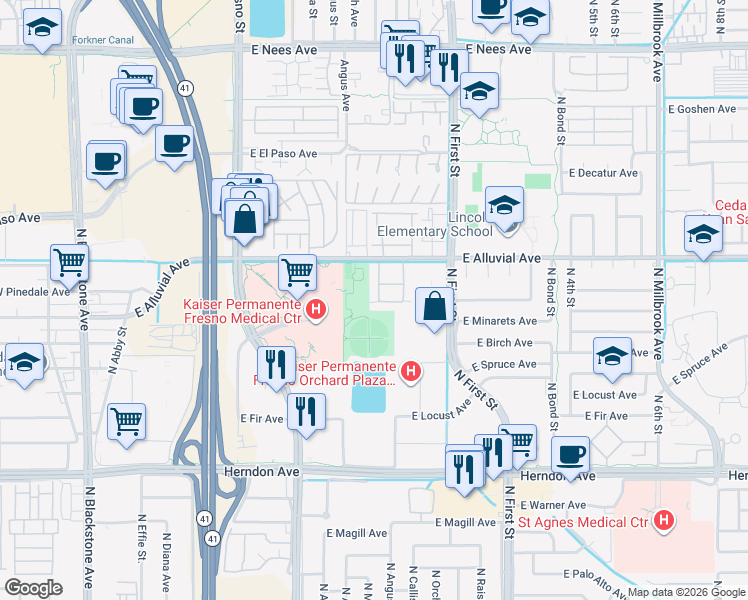 map of restaurants, bars, coffee shops, grocery stores, and more near 467 East Alluvial Avenue in Fresno