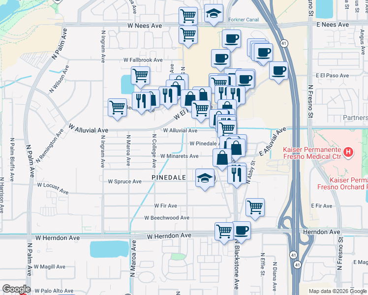 map of restaurants, bars, coffee shops, grocery stores, and more near 7306 North San Pablo Avenue in Fresno