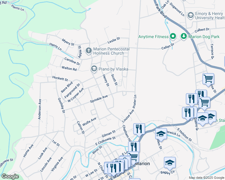 map of restaurants, bars, coffee shops, grocery stores, and more near 505 Sprinkle Avenue in Marion