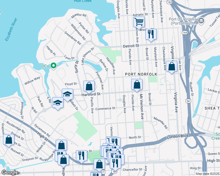 map of restaurants, bars, coffee shops, grocery stores, and more near 631 Vermont Avenue in Portsmouth