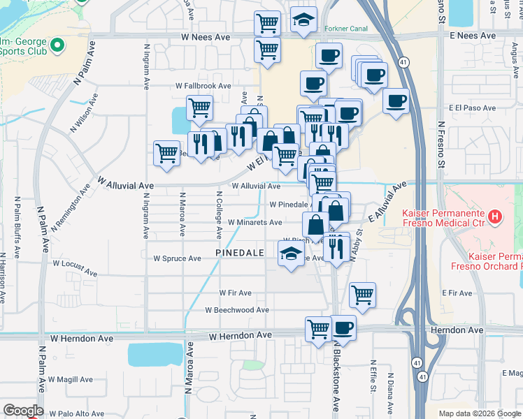map of restaurants, bars, coffee shops, grocery stores, and more near 7329 North San Pablo Avenue in Fresno