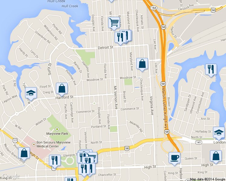 map of restaurants, bars, coffee shops, grocery stores, and more near 646 Mount Vernon Avenue in Portsmouth