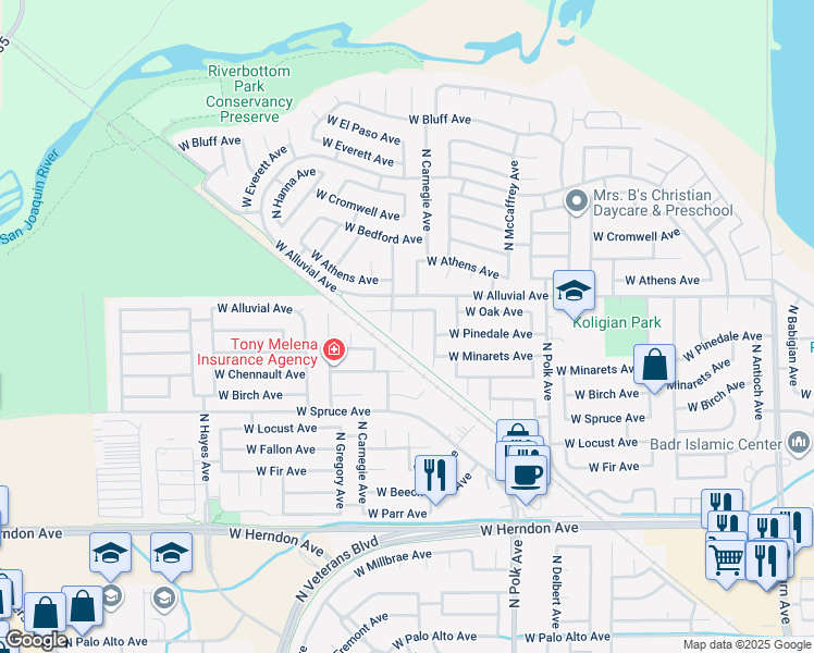 map of restaurants, bars, coffee shops, grocery stores, and more near 7404 North Carnegie Avenue in Fresno