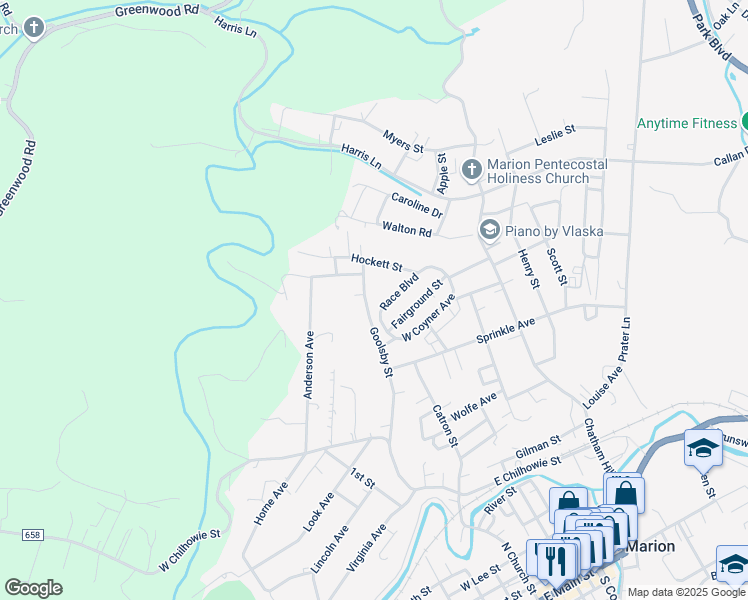 map of restaurants, bars, coffee shops, grocery stores, and more near 131 Race Boulevard in Marion