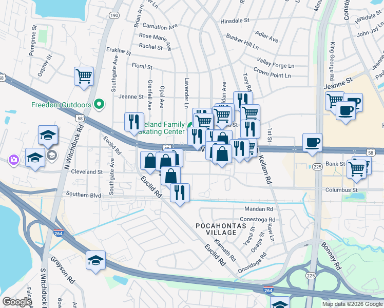 map of restaurants, bars, coffee shops, grocery stores, and more near 4929 Potomac Street in Virginia Beach