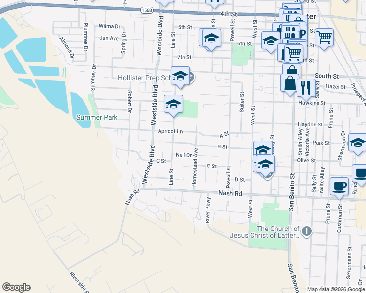 map of restaurants, bars, coffee shops, grocery stores, and more near 830 Neil Drive in Hollister