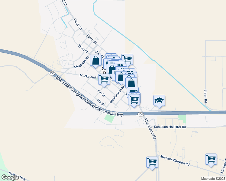 map of restaurants, bars, coffee shops, grocery stores, and more near 222 5th Street in Hollister