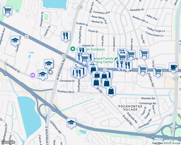 map of restaurants, bars, coffee shops, grocery stores, and more near 260 Dorset Avenue in Virginia Beach