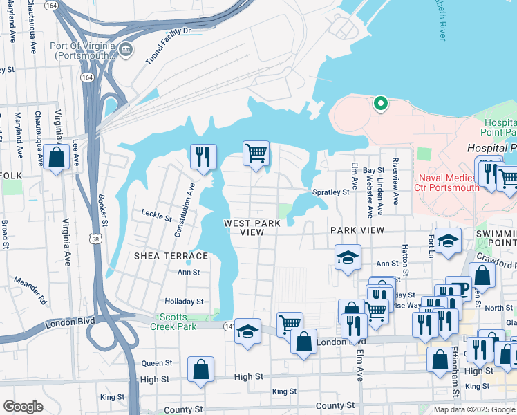 map of restaurants, bars, coffee shops, grocery stores, and more near 1621 Barron Street in Portsmouth