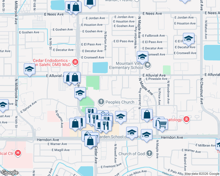 map of restaurants, bars, coffee shops, grocery stores, and more near 7385 North Mansionette Drive in Fresno