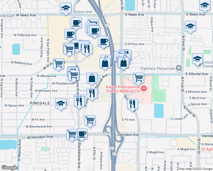 map of restaurants, bars, coffee shops, grocery stores, and more near 175 East Alluvial Avenue in Fresno