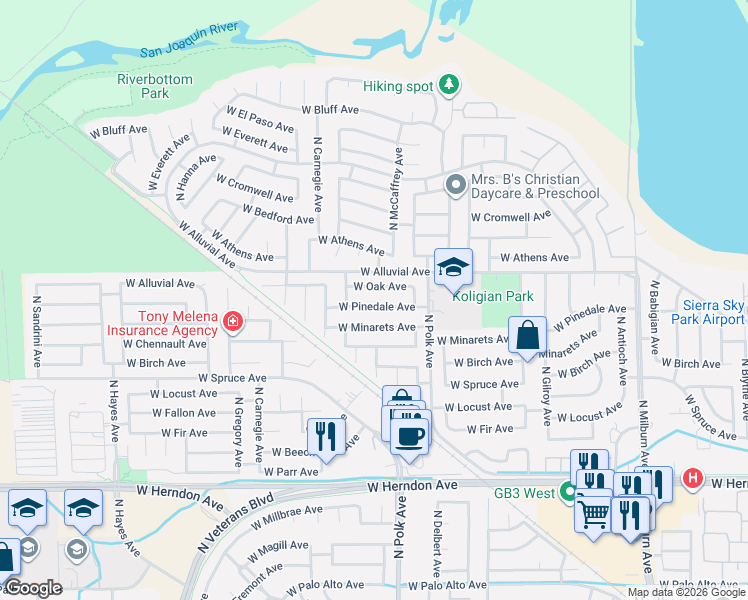 map of restaurants, bars, coffee shops, grocery stores, and more near 5587 West Pinedale Avenue in Fresno