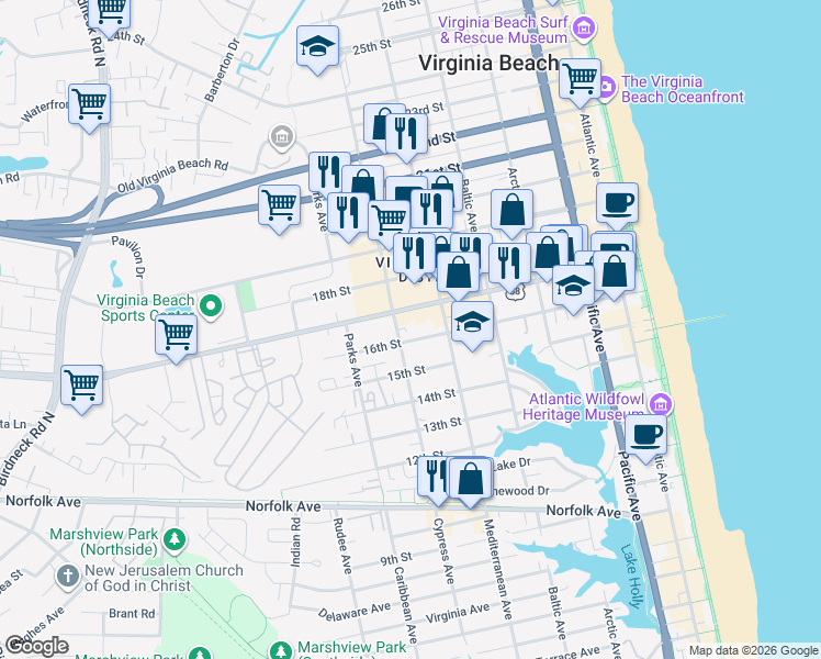 map of restaurants, bars, coffee shops, grocery stores, and more near 636 Forest Lane in Virginia Beach
