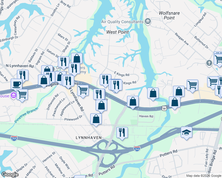 map of restaurants, bars, coffee shops, grocery stores, and more near 2700 Virginia Beach Boulevard in Virginia Beach