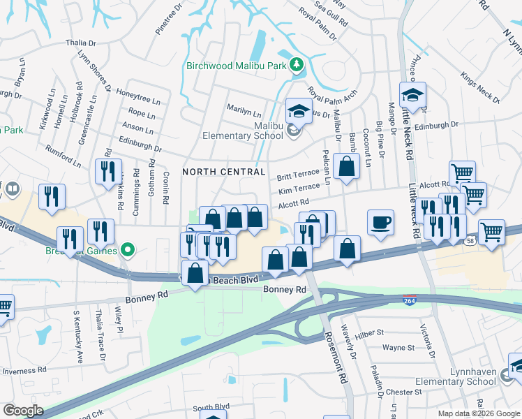 map of restaurants, bars, coffee shops, grocery stores, and more near 401 Moorland Drive in Virginia Beach