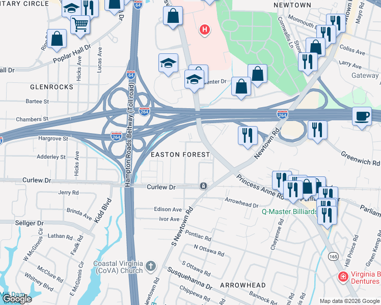map of restaurants, bars, coffee shops, grocery stores, and more near 6170 Cleveland Street in Norfolk