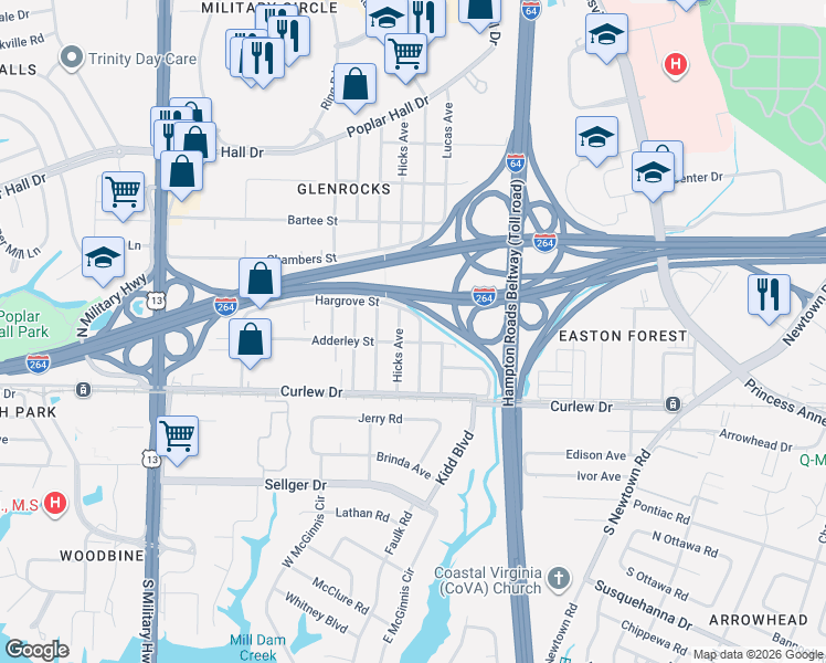 map of restaurants, bars, coffee shops, grocery stores, and more near 5960 Adderley Street in Norfolk
