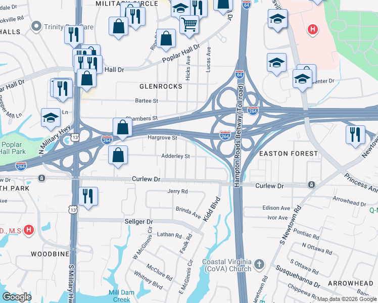 map of restaurants, bars, coffee shops, grocery stores, and more near 5960 Adderley Street in Norfolk