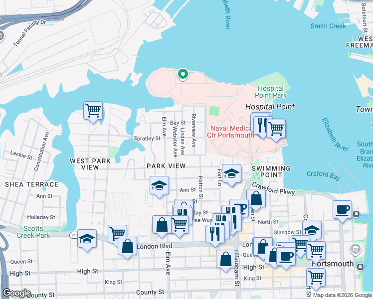 map of restaurants, bars, coffee shops, grocery stores, and more near 1028 Naval Avenue in Portsmouth