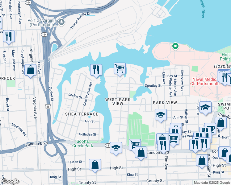 map of restaurants, bars, coffee shops, grocery stores, and more near 1708 McDaniel Street in Portsmouth