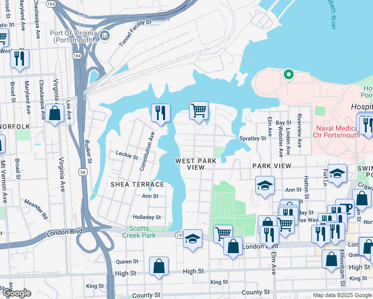 map of restaurants, bars, coffee shops, grocery stores, and more near 1708 McDaniel Street in Portsmouth