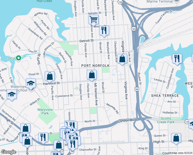 map of restaurants, bars, coffee shops, grocery stores, and more near 660 Mount Vernon Avenue in Portsmouth
