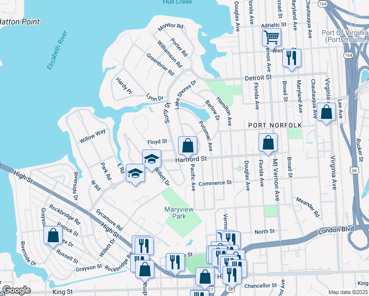 map of restaurants, bars, coffee shops, grocery stores, and more near 636 Lake Shores Drive in Portsmouth